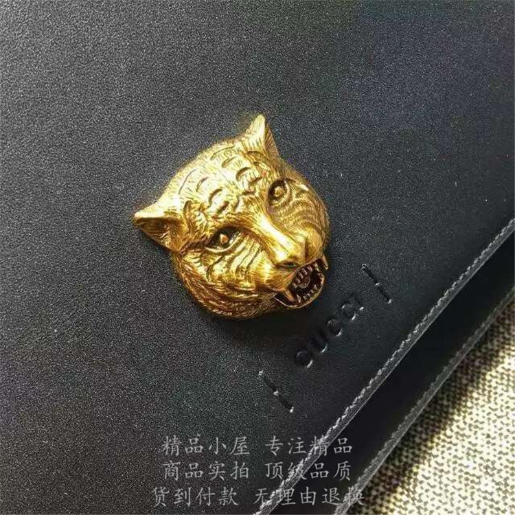 2017专柜新款顶级高仿包包gucci古驰 418654  黑色全皮虎头真皮邮差包