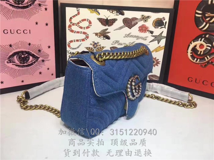 gucci古驰 446744蓝色 GGMarmont绗缝牛仔布迷你手袋