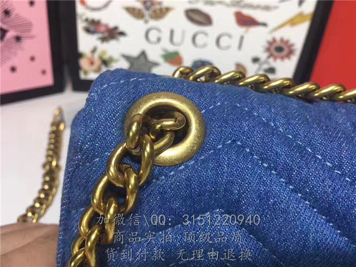 gucci古驰 446744蓝色 GGMarmont绗缝牛仔布迷你手袋