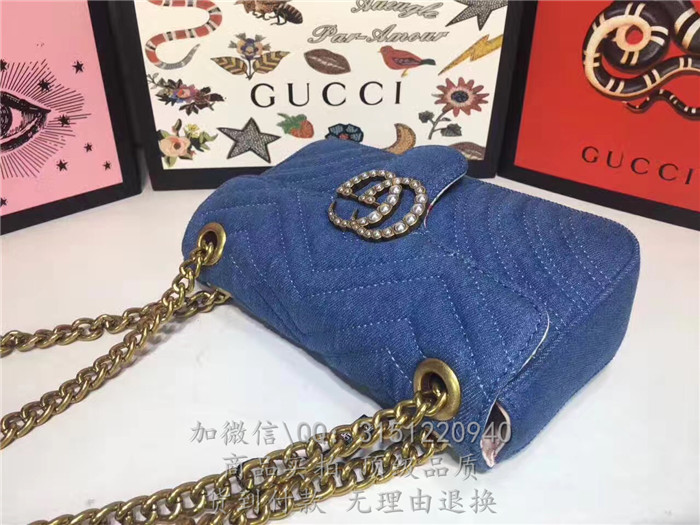 gucci古驰 446744蓝色 GGMarmont绗缝牛仔布迷你手袋