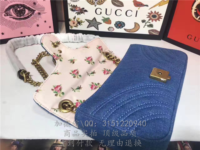 gucci古驰 446744蓝色 GGMarmont绗缝牛仔布迷你手袋