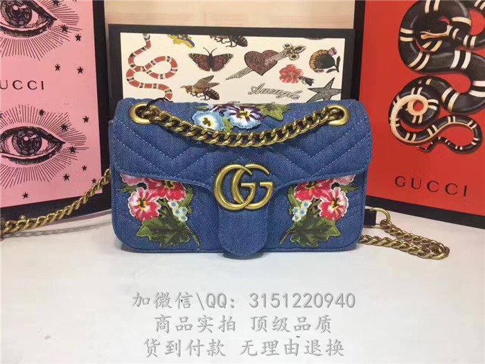 gucci古驰 446744蓝色 刺绣GGMarmont绗缝牛仔布迷你手袋