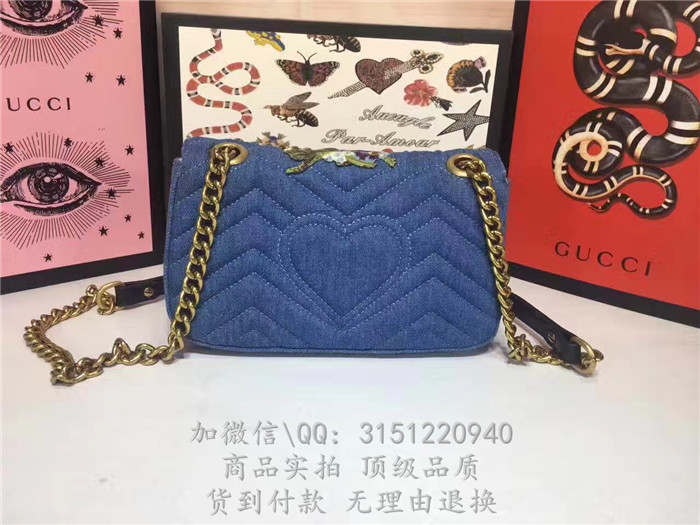 gucci古驰 446744蓝色 刺绣GGMarmont绗缝牛仔布迷你手袋