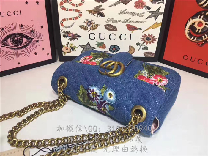 gucci古驰 446744蓝色 刺绣GGMarmont绗缝牛仔布迷你手袋