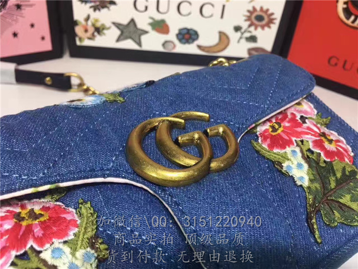 gucci古驰 446744蓝色 刺绣GGMarmont绗缝牛仔布迷你手袋