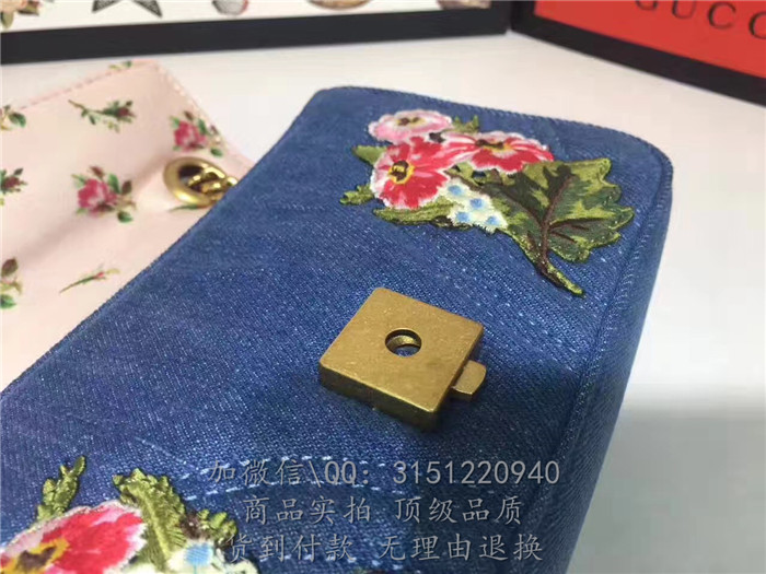 gucci古驰 446744蓝色 刺绣GGMarmont绗缝牛仔布迷你手袋