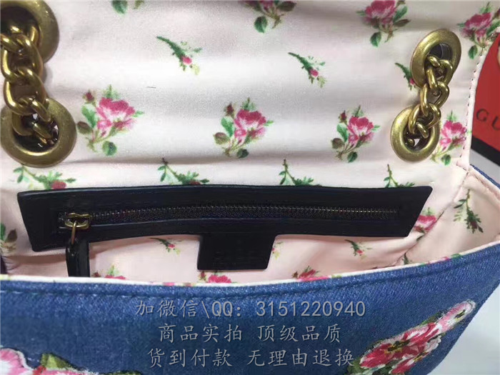 gucci古驰 446744蓝色 刺绣GGMarmont绗缝牛仔布迷你手袋