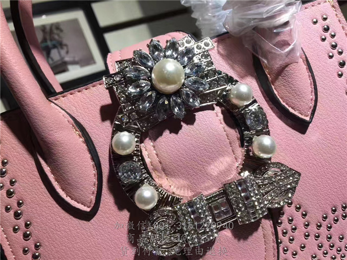 Miumiu缪缪 1701粉色 牛皮铆钉珍珠钻扣小号手提包