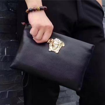 顶级精仿 Versace范思哲手包 99012 金色美人头黑色荔枝纹男士手拿包