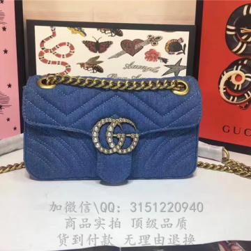 gucci古驰 446744蓝色 GGMarmont绗缝牛仔布迷你手袋