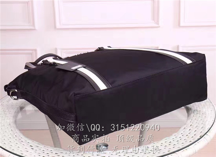 Prada普拉达 2VG013 黑色尼龙布配黑白织布肩带手提包