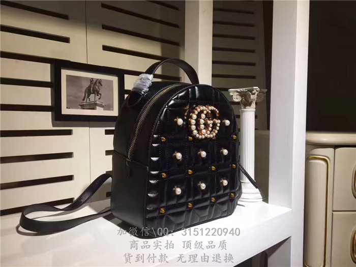 gucci古驰 476671黑色 GG Marmont绗缝珍珠铆钉真皮背包