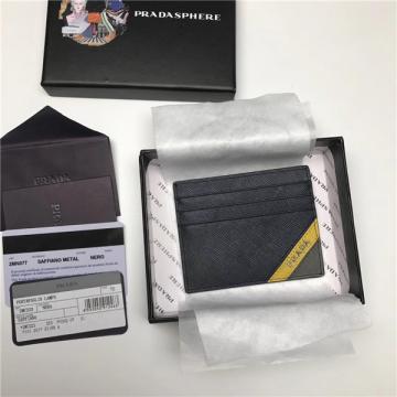 新款prada普拉达 2MC223黄底  十字纹牛皮信用卡夹
