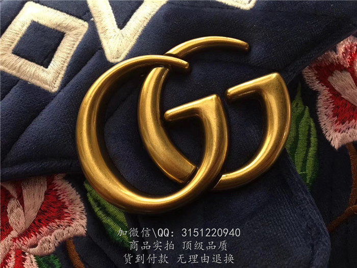 gucci古驰 443496宝蓝 GG Marmont系列刺绣天鹅绒肩背包