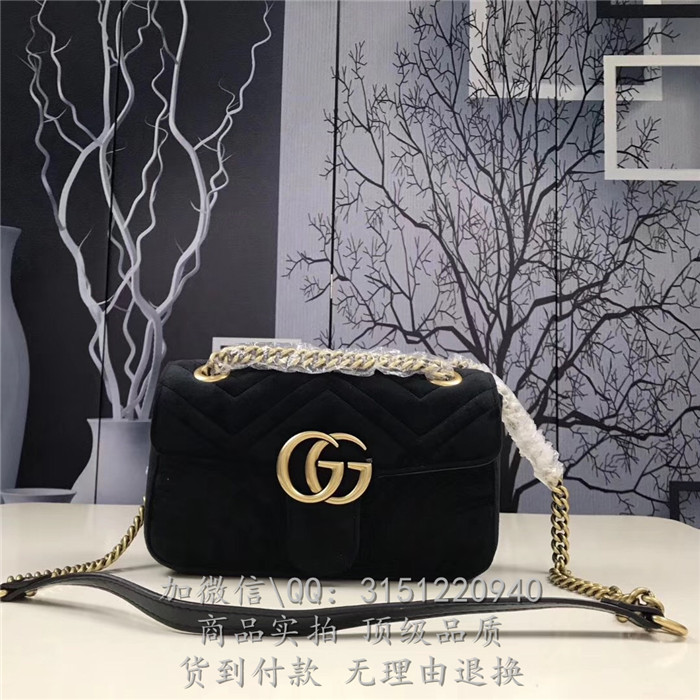 gucci链条包 446744黑色 古驰GG Marmont系列天鹅绒绗缝迷你手袋