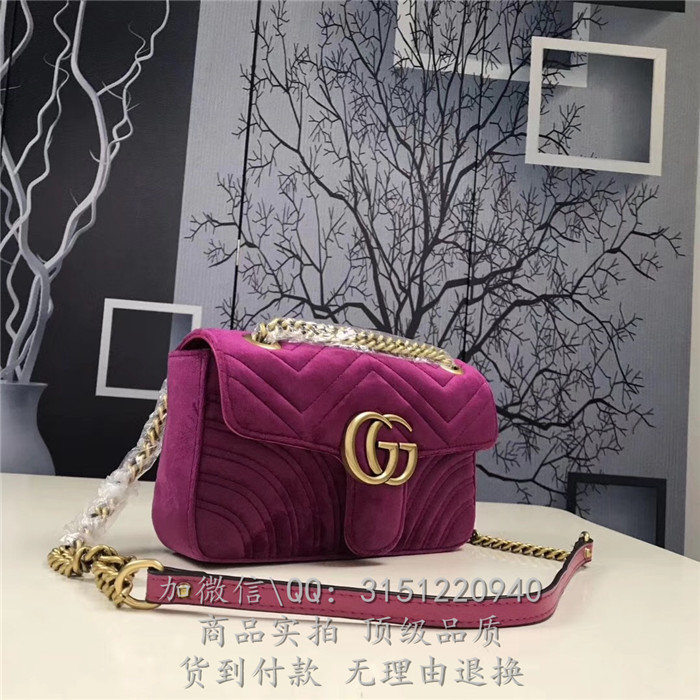 gucci链条包 446744紫红 古驰GG Marmont系列天鹅绒绗缝迷你手袋