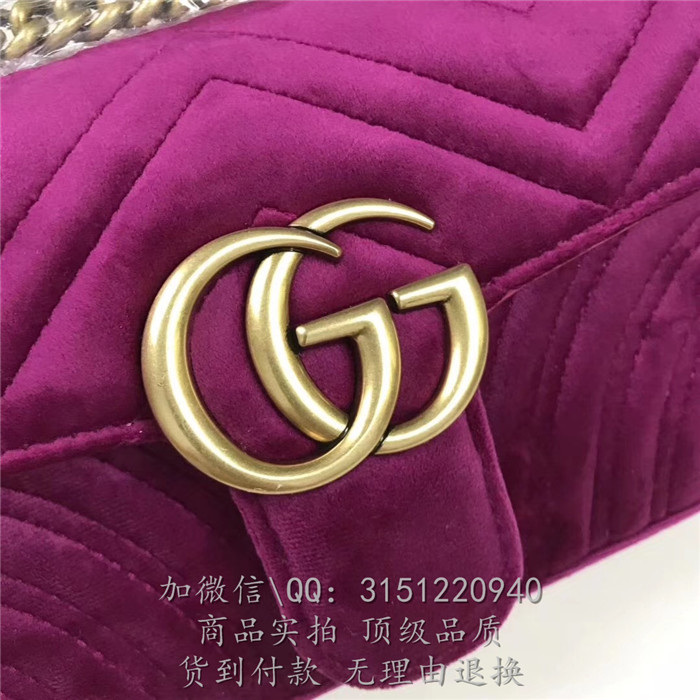 gucci链条包 446744紫红 古驰GG Marmont系列天鹅绒绗缝迷你手袋