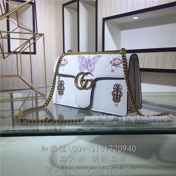 gucci新款链条包 488716米白 古驰GG Marmont系列昆虫丝印真皮手袋