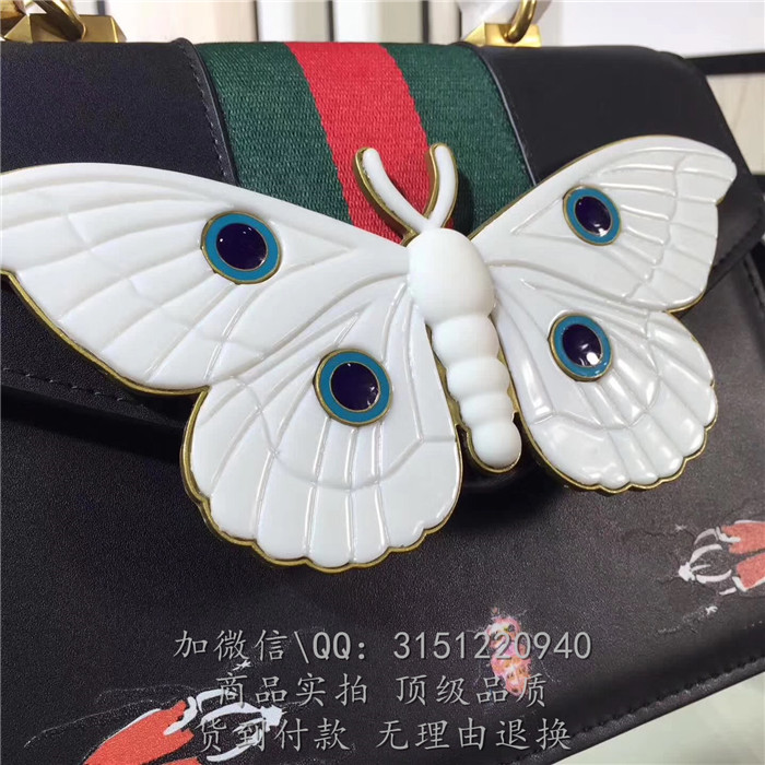 gucci手提包 488691黑色 Sylvie 系列昆虫印花真皮竹节手提包