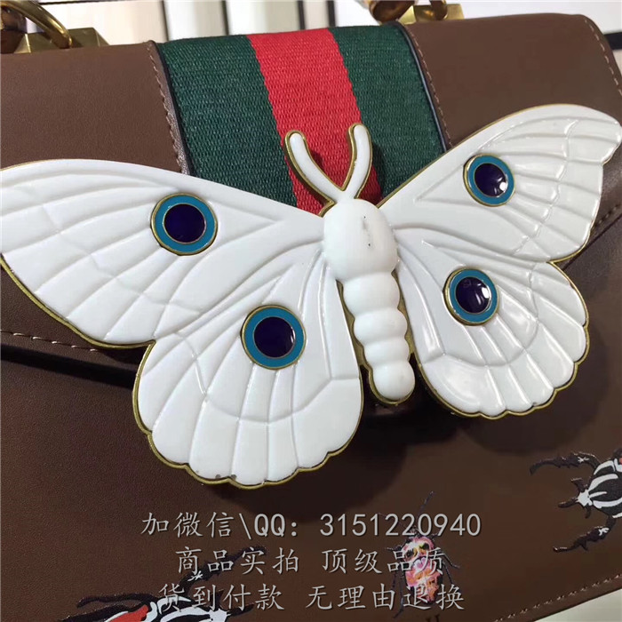 gucci手提包 488691咖啡色 Sylvie 系列昆虫印花真皮竹节手提包