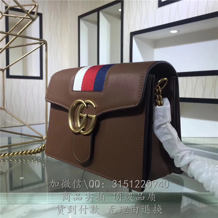 gucci链条包 6043咖啡色 GG白红蓝织带装饰真皮肩背包