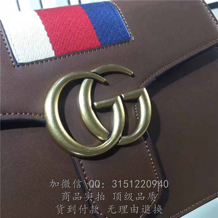 gucci链条包 6043咖啡色 GG白红蓝织带装饰真皮肩背包