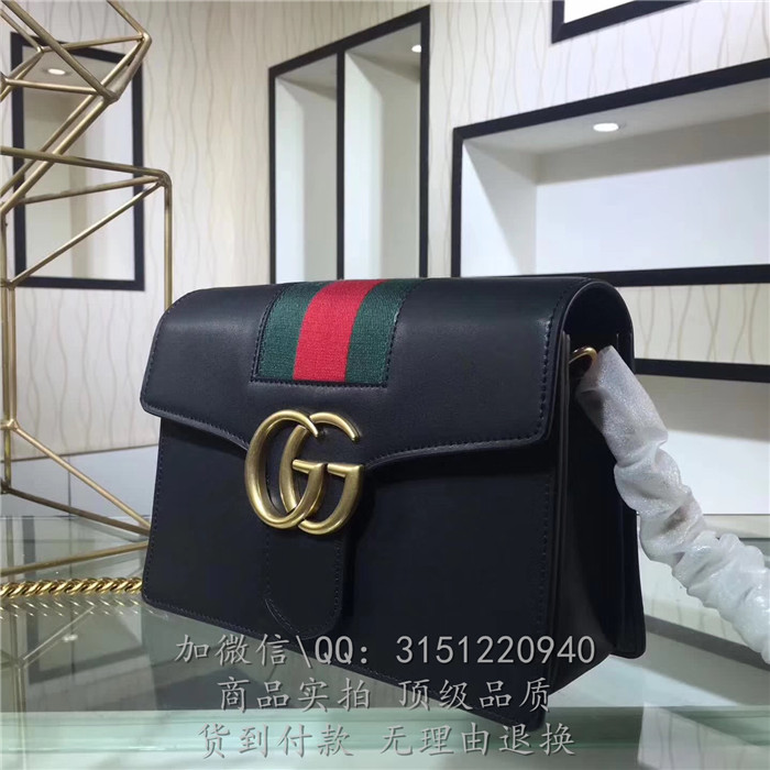 gucci链条包 6043黑色 GG白红蓝织带装饰真皮肩背包