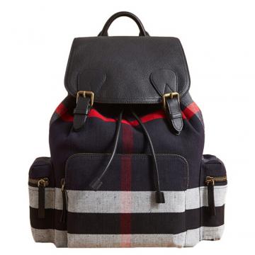 Burberry双肩背包 40525651黑红格 The Rucksack - 大号 Canvas 格纹拼皮革军旅背包