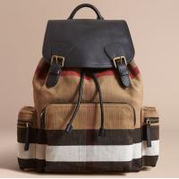 Burberry双肩背包 40525651土黄格 The Rucksack - 大号 Canvas 格纹拼皮革军旅背包