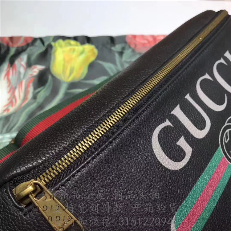 精仿Gucci腰包 493869黑色 Gucci标识印花皮革腰包