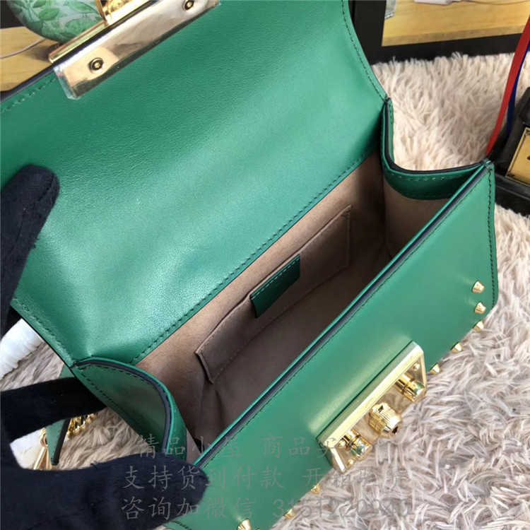 精仿Gucci锁头包 432182绿色 Padlock 系列铆钉细节装饰皮革肩背包