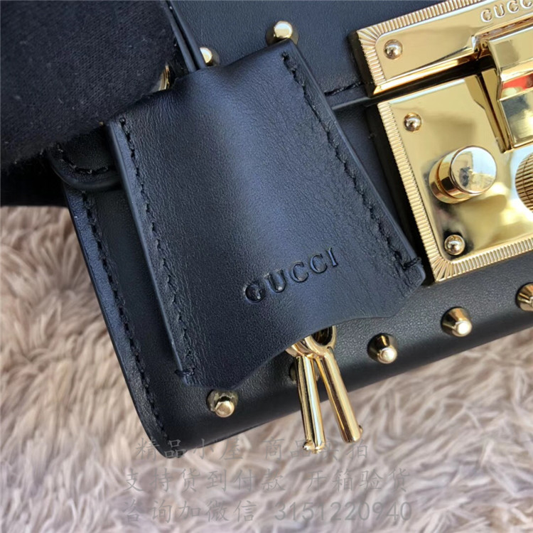 精仿Gucci锁头包 432182黑色 Padlock 系列铆钉细节装饰皮革肩背包
