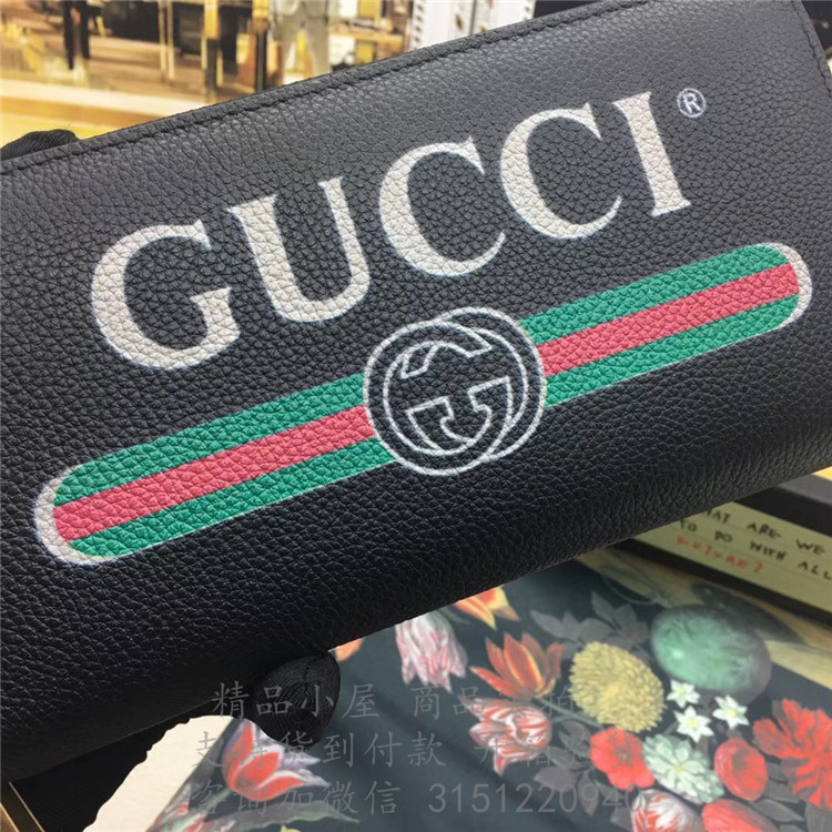 精仿Gucci拉链钱包 496317黑色 Gucci标识印花全拉链式钱包