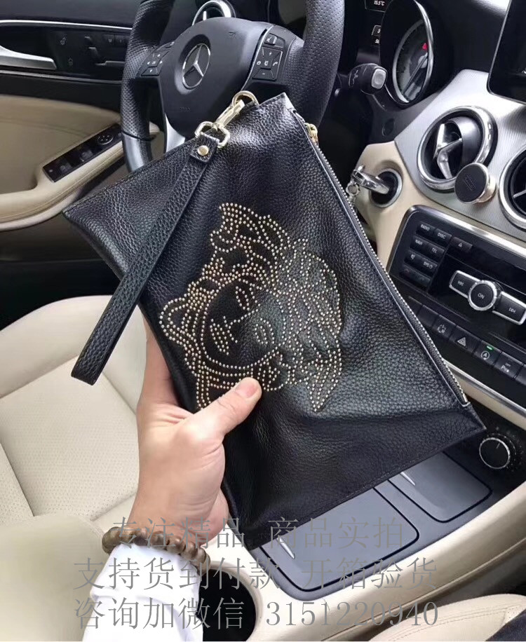 顶级高仿Versace手包 9002-5 范思哲黑色荔枝纹铆钉大手包