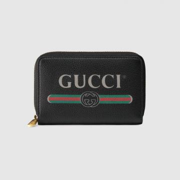 精仿Gucci零钱包 496319黑色 Gucci标识印花皮革卡片夹