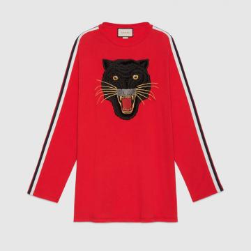 精仿Gucci长袖T恤 479477红色 豹子印花超大造型纯棉T恤