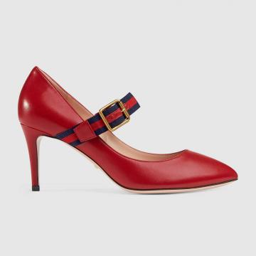 精仿Gucci高跟鞋 475086红色 Sylvie 系列皮革中跟浅口鞋