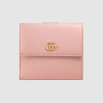 顶级高仿Gucci折叠零钱包 456122浅粉色 古驰皮革法式翻盖钱包