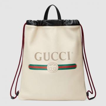 顶级高仿Gucci手提购物袋 494053白色 Gucci标识印花皮革抽绳背包