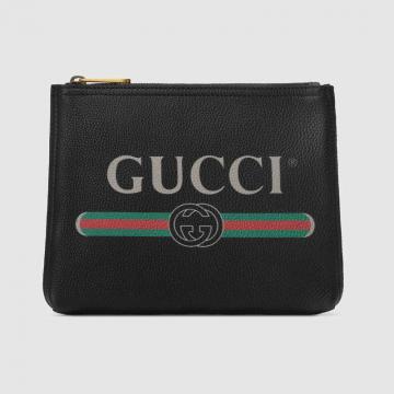 顶级高仿Gucci休闲手包 495665黑色 Gucci标识皮革大号文件袋