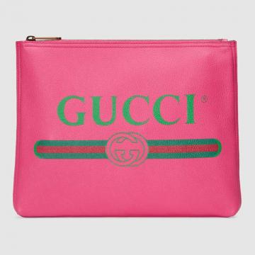 顶级高仿Gucci休闲手包 500981玫红色 Gucci标识皮革中号文件袋