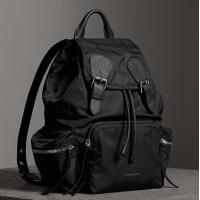 顶级高仿Burberry双肩背包 40363521黑色 The Rucksack - 中号功能性尼龙拼皮革军旅背包