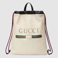 顶级高仿Gucci手提购物袋 494053白色 Gucci标识印花皮革抽绳背包