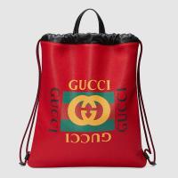 顶级高仿Gucci手提购物袋 494053红色 Gucci标识印花皮革抽绳背包