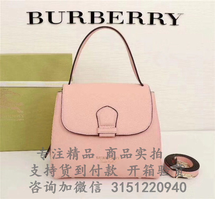 顶级高仿Burberry手提包 40607331浅粉色 中号粒纹皮革拼 House 格纹托特包