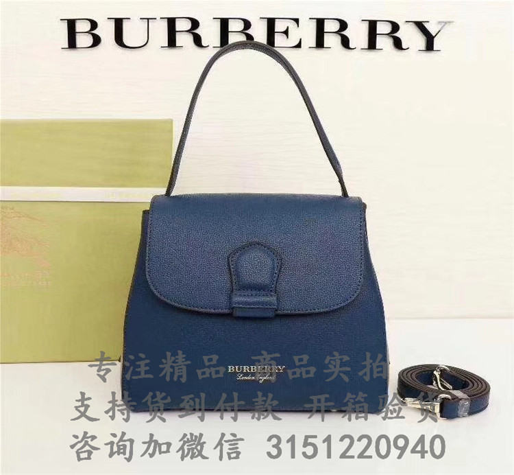 顶级高仿Burberry手提包 40643131墨蓝色 中号粒纹皮革拼 House 格纹托特包