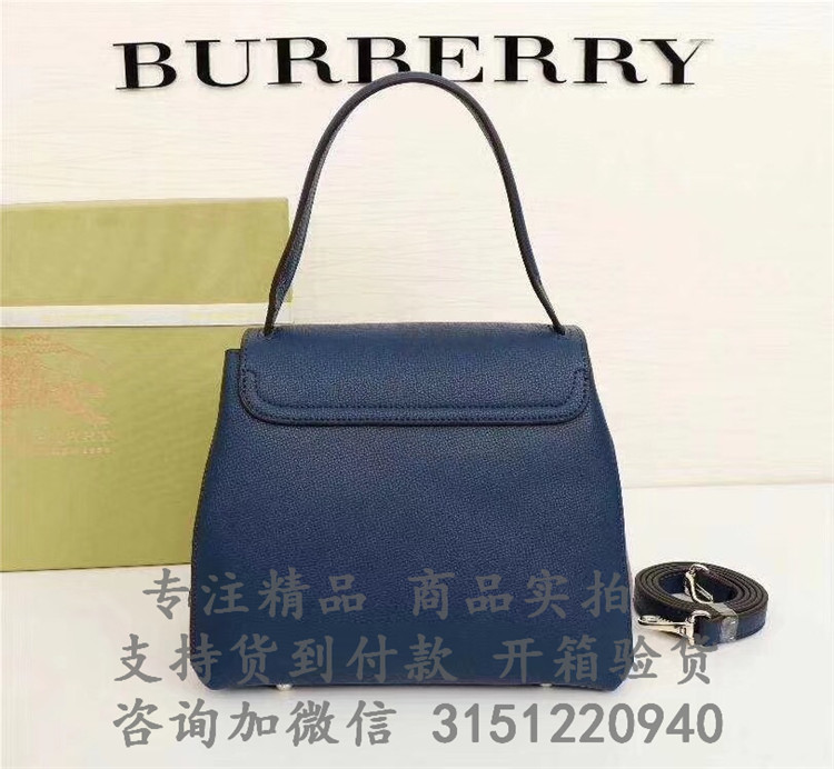 顶级高仿Burberry手提包 40643131墨蓝色 中号粒纹皮革拼 House 格纹托特包