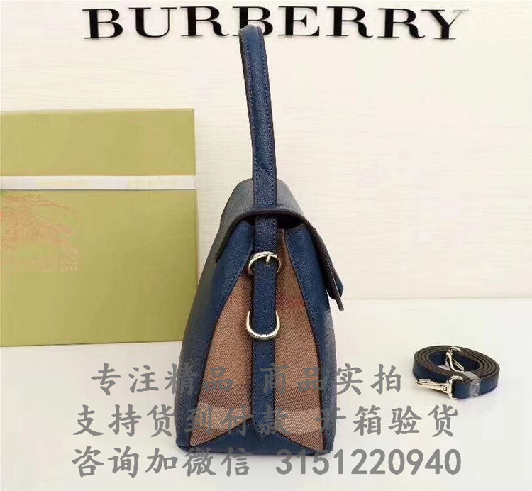 顶级高仿Burberry手提包 40643131墨蓝色 中号粒纹皮革拼 House 格纹托特包