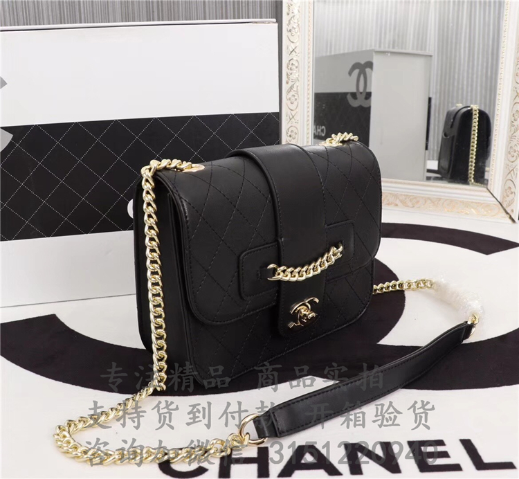 顶级高仿Chanel 2018春夏新款链条包 A57231 黑色菱格链条口盖包