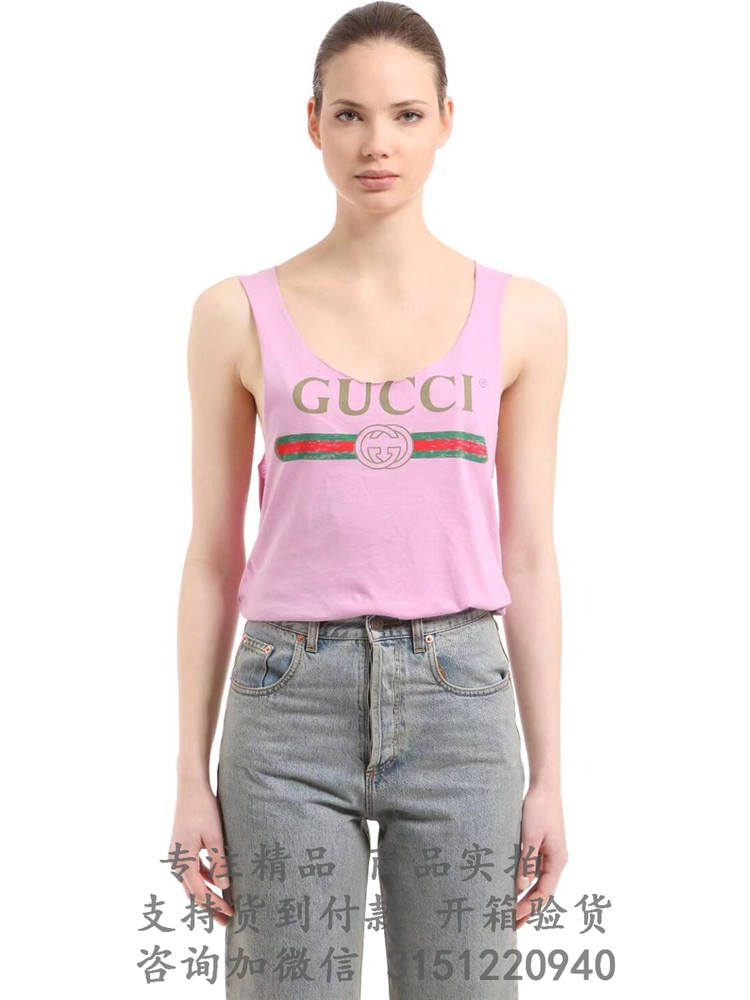 顶级高仿Gucci纯棉印花背心 457094粉色 Gucci标识印花纯棉背心